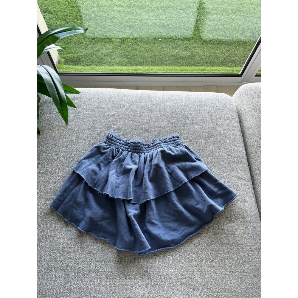 Aerie Blue Tiered Ruffle Mini Skirt Smocked Elastic Waist Raw Hem Size M - Picture 2 of 3